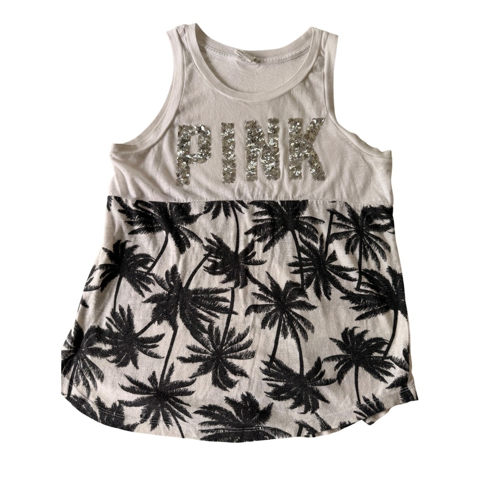 PINK Victoria's Secret Tank Top XS White Palm Tree Sequin Logo Tropical Summer